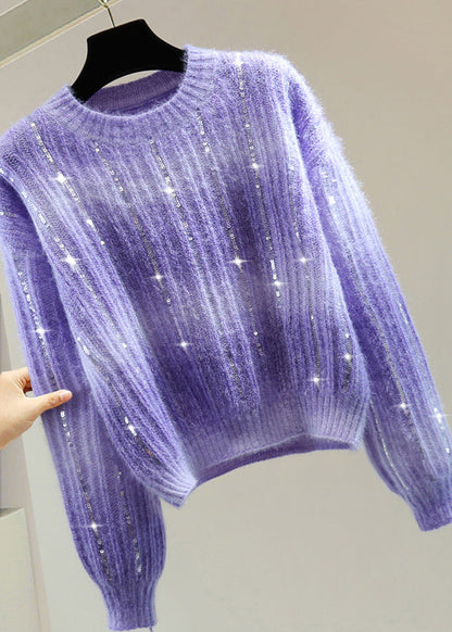 Modern Purple O-neck Sequins Cotton Knit Sweater Winter