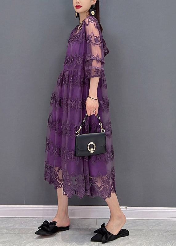 Modern Purple V Neck Embroideried Lace Patchwork Hooded Dress Long Sleeve