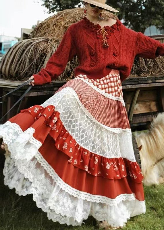 Modern Red Exra Large Hem Patchwork Lace Holiday Skirts Spring