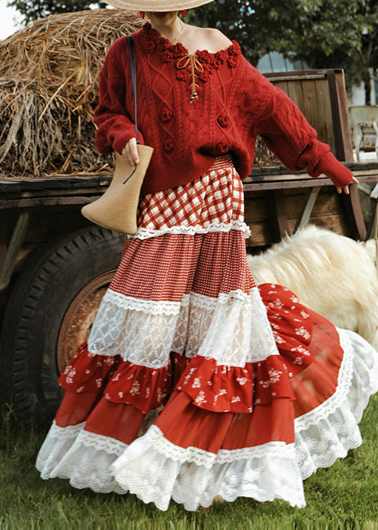 Modern Red Exra Large Hem Patchwork Lace Holiday Skirts Spring
