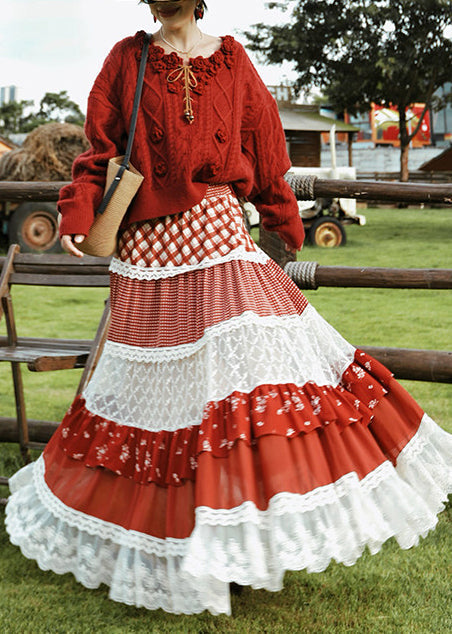 Modern Red Exra Large Hem Patchwork Lace Holiday Skirts Spring