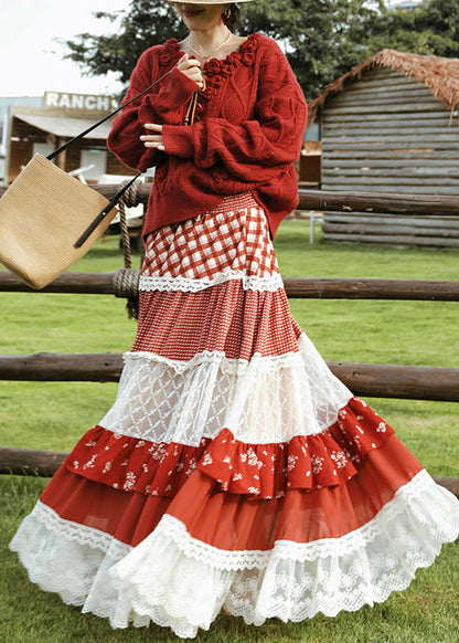 Modern Red Exra Large Hem Patchwork Lace Holiday Skirts Spring