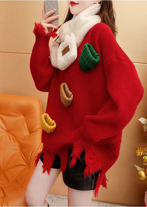 Modern Red O-neck Oversized Tassel Thick Knit Sweater Tops Winter