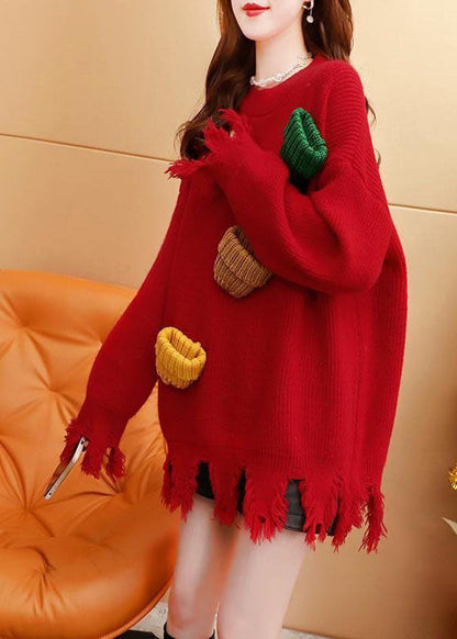 Modern Red O-neck Oversized Tassel Thick Knit Sweater Tops Winter