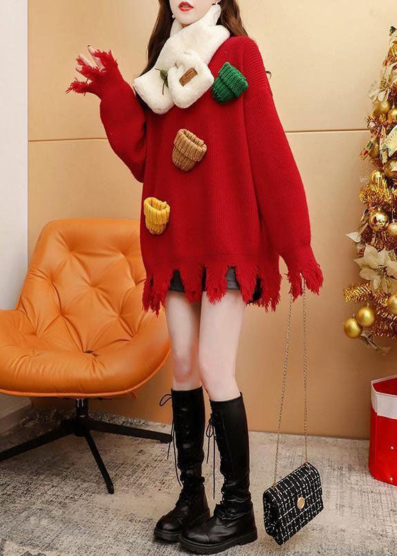 Modern Red O-neck Oversized Tassel Thick Knit Sweater Tops Winter