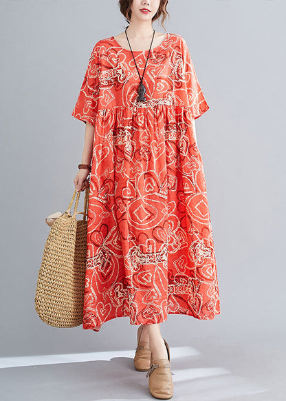 Modern Red O-neck Print Wrinkled Cotton Beach Dress Short Sleeve