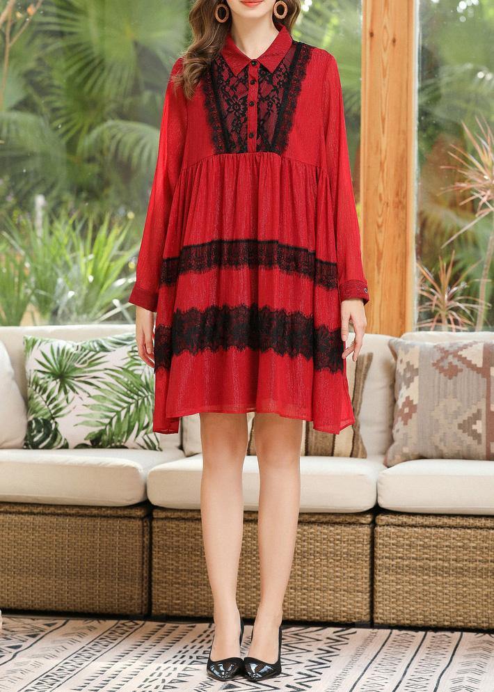 Modern Red Patchwork Peter Pan Collar Chiffon Summer Dresses