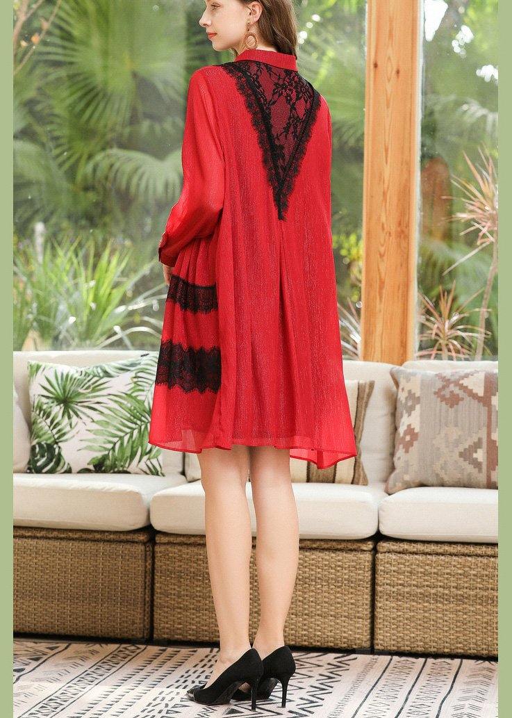 Modern Red Patchwork Peter Pan Collar Chiffon Summer Dresses