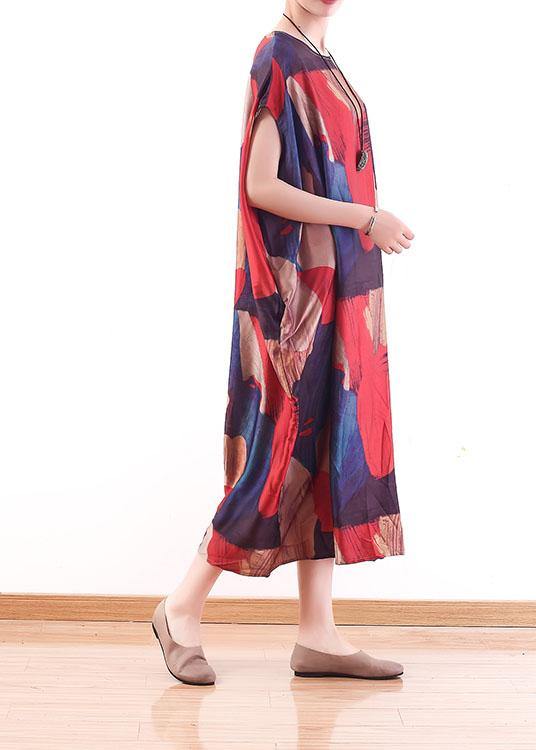 Modern Red Print O-neck Loose Long Chiffon Dress