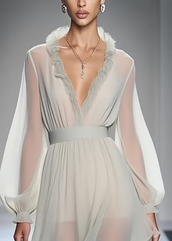 Modern Ruffled Patchwork Chiffon Mid Dress Lantern Sleeve