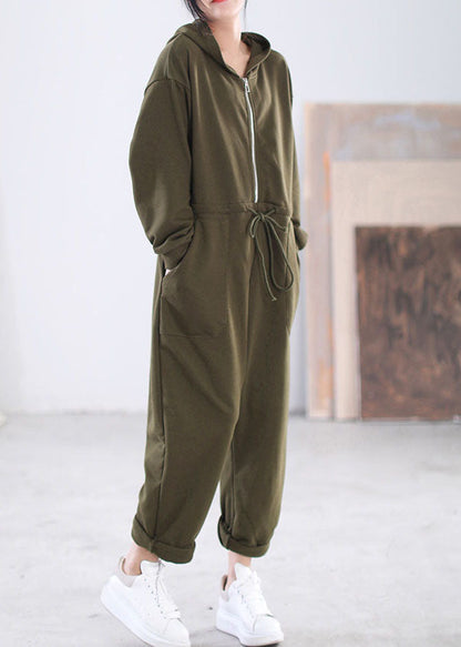 Modern Green Hooded Zippered Drawstring Cotton Overalls Jumpsuit Long Sleeve