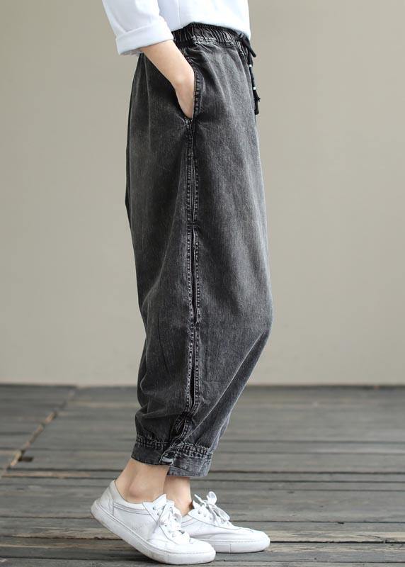 Modern Spring Wide Leg Pants Denim Gray Sewing Elastic Waist Pockets Jeans