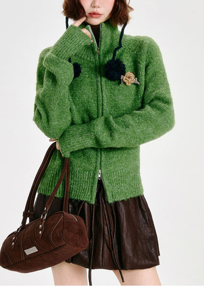Modern Tea Green Zip Up Knit Cardigans Winter