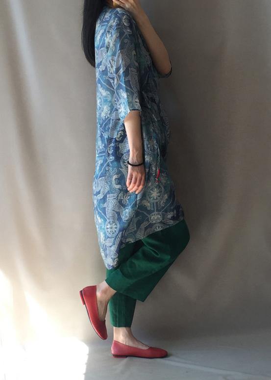 Modern V Neck Half Sleeve Quilting Dresses Pattern Blue Print Robes Dress