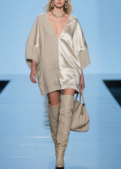 Modern V Neck Patchwork Linen Silk Mid Dress Spring