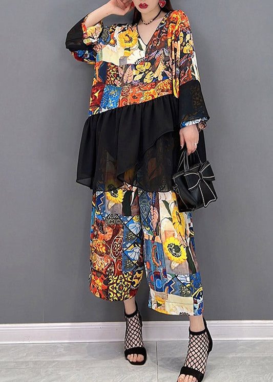 Modern V Neck Print Tulle Patchwork Chiffon Tops and Wide Leg Pants Two Pieces Set Spring