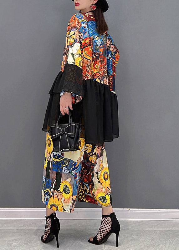 Modern V Neck Print Tulle Patchwork Chiffon Tops and Wide Leg Pants Two Pieces Set Spring