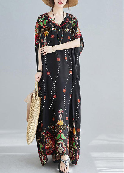 Modern V Neck Spring Clothes Wardrobes Black Print Maxi Dress