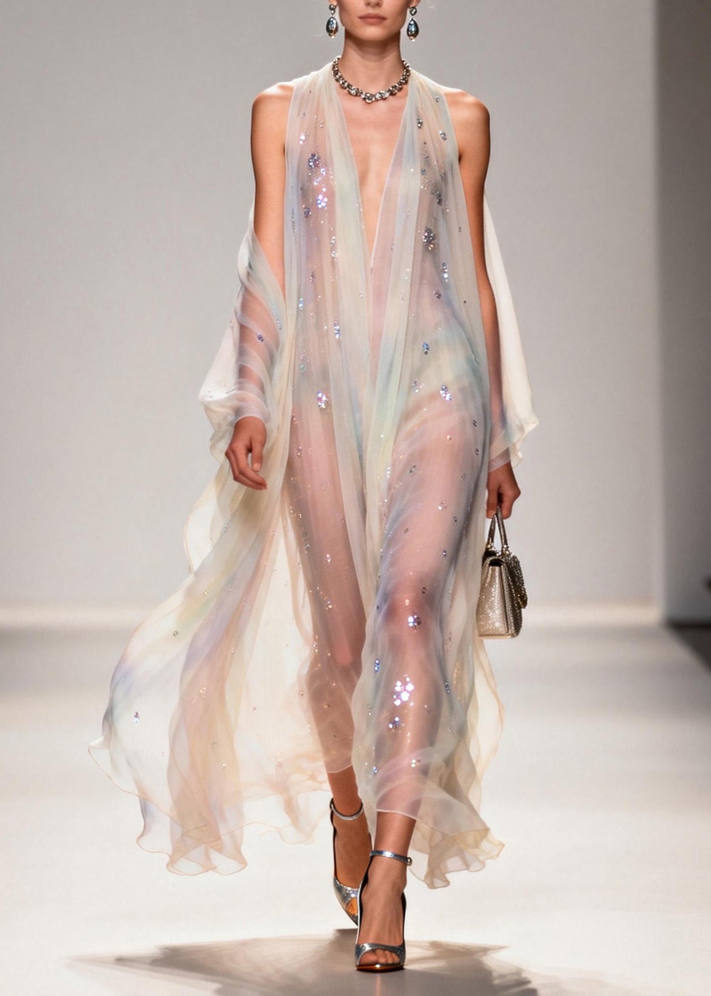 Modern V Neck Zircon Chiffon Long Dress Summer
