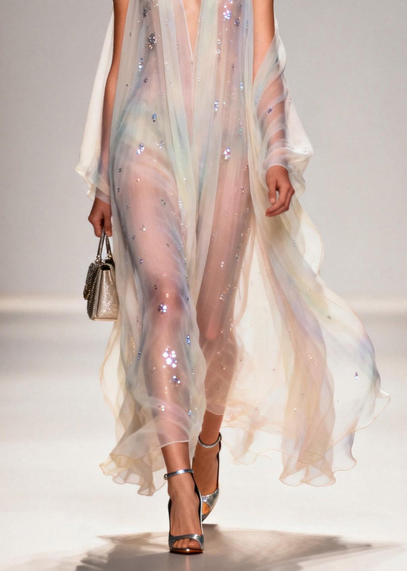 Modern V Neck Zircon Chiffon Long Dress Summer