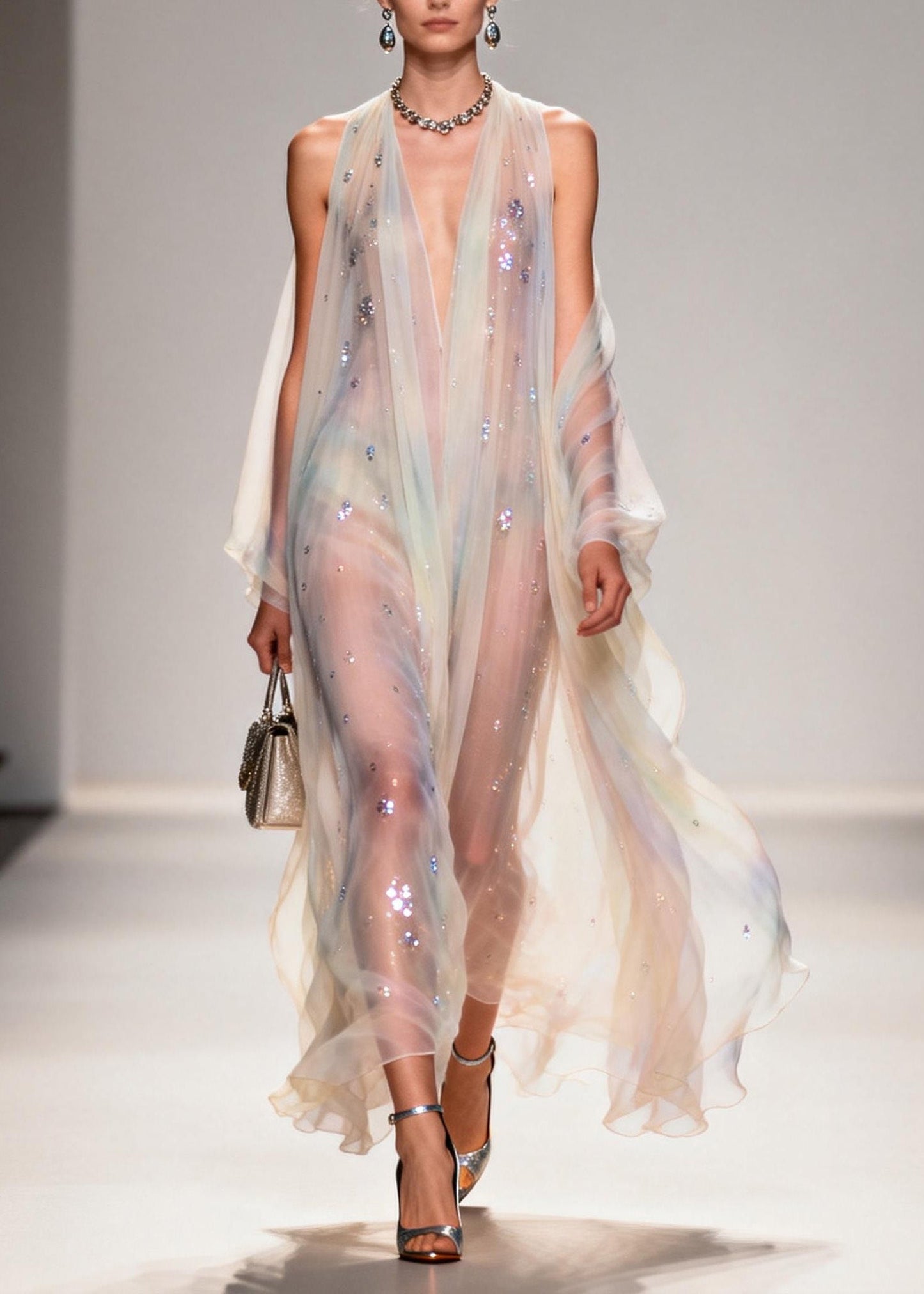 Modern V Neck Zircon Chiffon Long Dress Summer