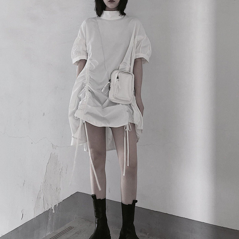 Modern White Dresses O Neck Drawstring Loose Dress