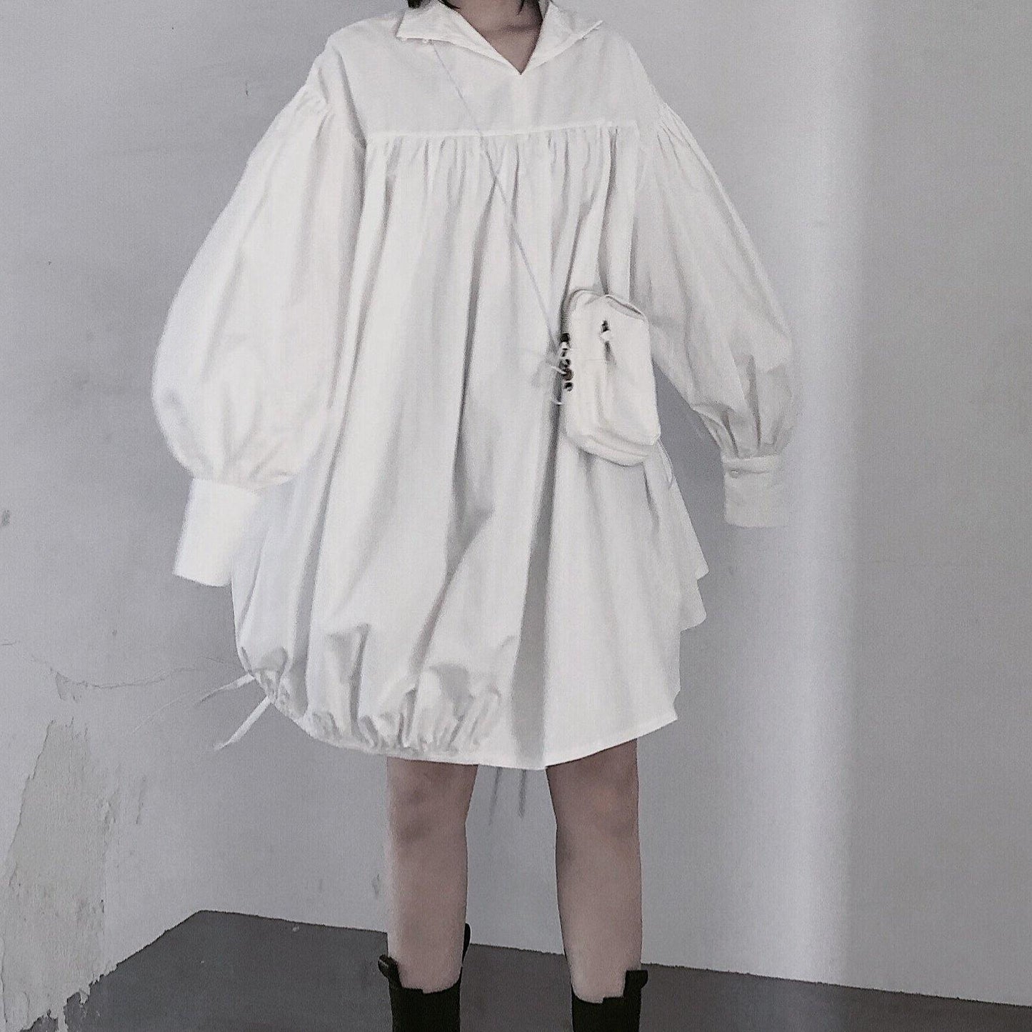Modern White Dresses O Neck Drawstring Loose Dress
