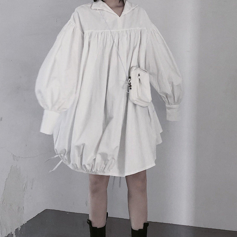 Modern White Dresses O Neck Drawstring Loose Dress