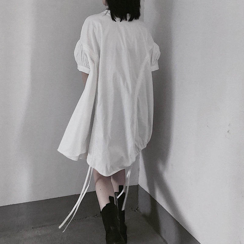 Modern White Dresses O Neck Drawstring Loose Dress
