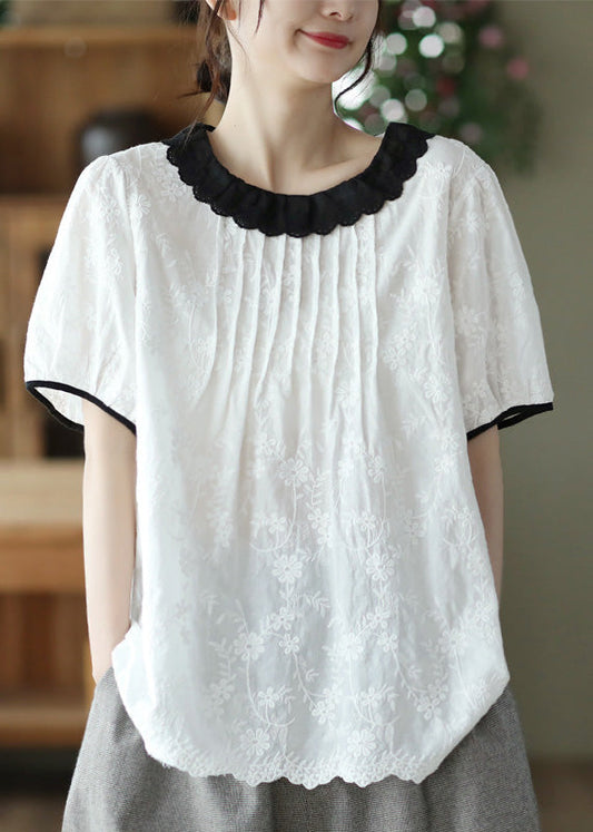 Modern White O-neck Embroideried Patchwork Wrinkled Cotton Top Short Sleeve