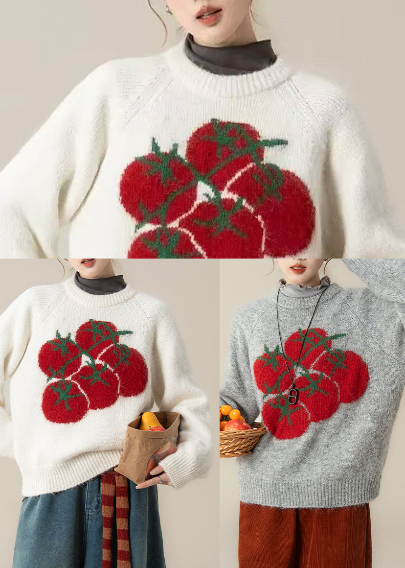 Modern White Oversized Tomato Print Knit Short Sweater Winter