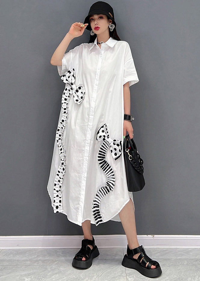 Modern White Peter Pan Collar Asymmetrical Bow Button Party Dress Short Sleeve