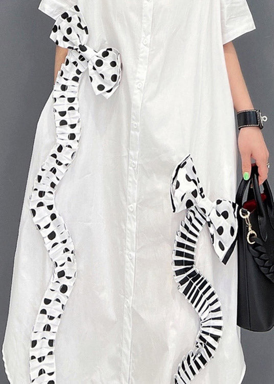 Modern White Peter Pan Collar Asymmetrical Bow Button Party Dress Short Sleeve