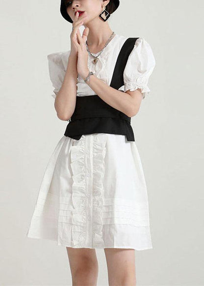 Modern White Puff Sleeve Button Summer Ruffled Dress Short Sleeve