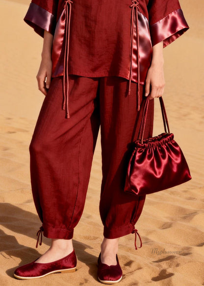Modern Wine Red Drawstring Silk Patchwork Two Pieces Set Bracelet Sleeve