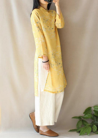 Modern Yellow Dragon Pattern Clothes V Neck Side Open Baggy Dress