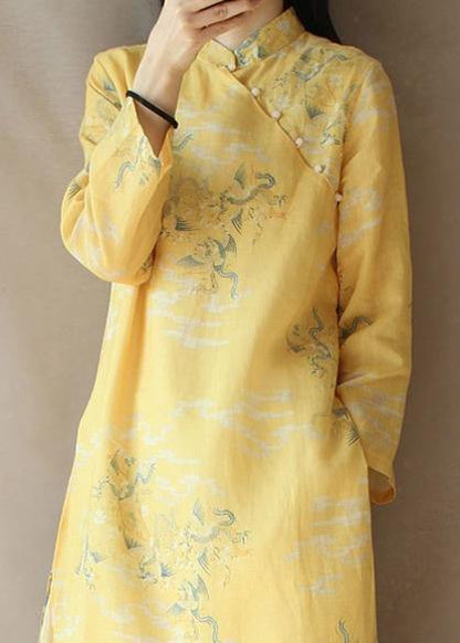 Modern Yellow Dragon Pattern Clothes V Neck Side Open Baggy Dress