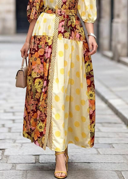 Modern Yellow Peter Pan Collar Print Cotton Dresses Summer