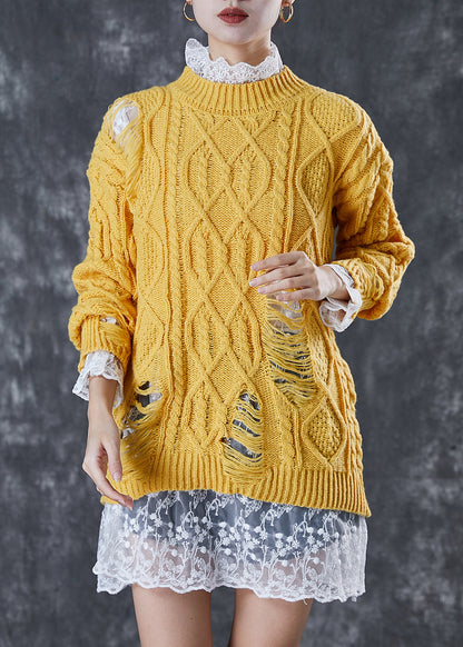 Modern Yellow Thick Knit Ripped Sweater and Lace Dress Two Pieces Set Winter