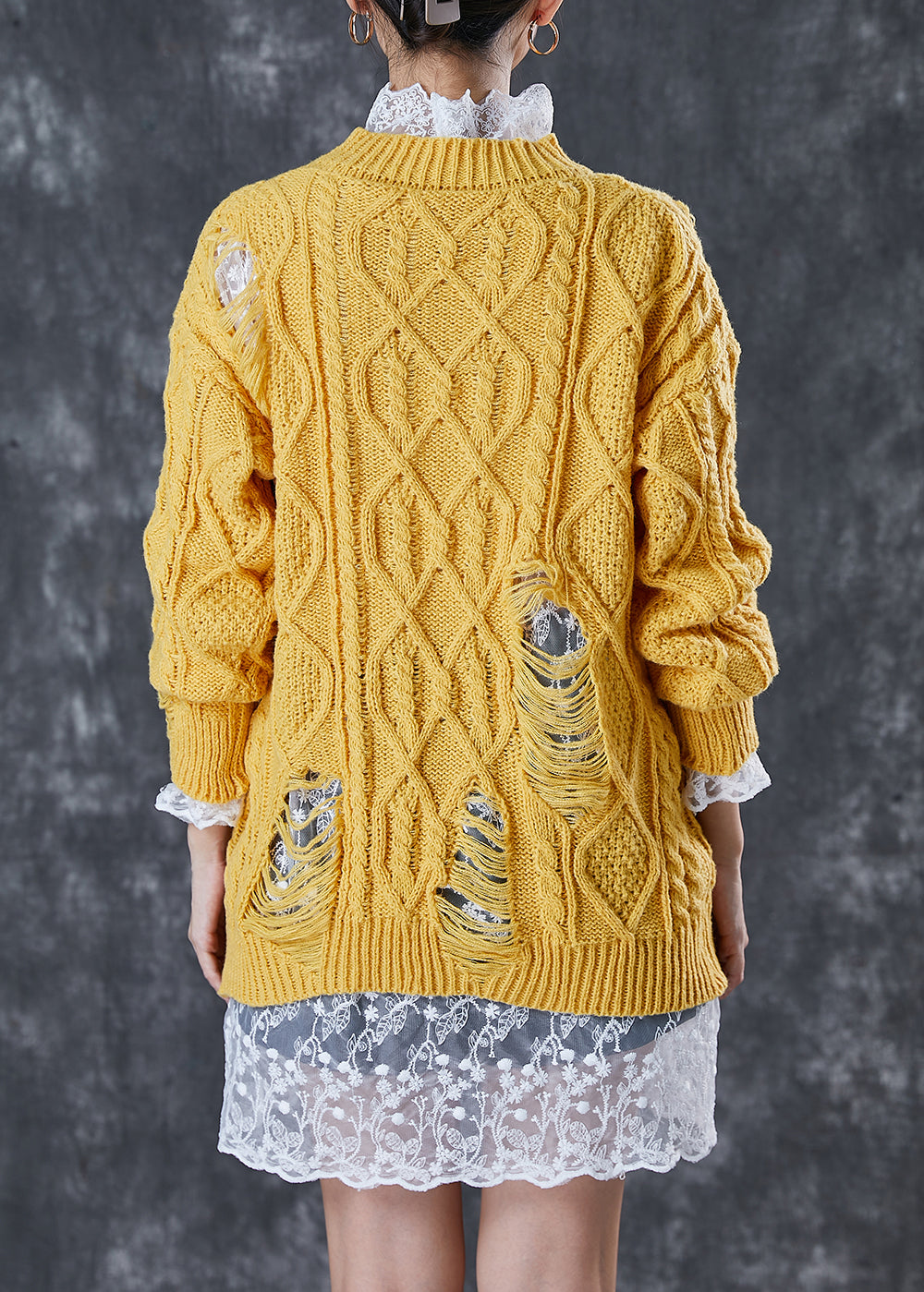 Modern Yellow Thick Knit Ripped Sweater and Lace Dress Two Pieces Set Winter