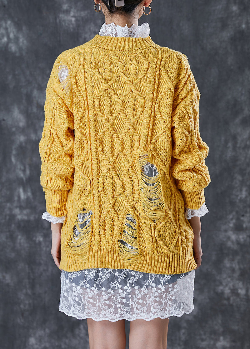Modern Yellow Thick Knit Ripped Sweater and Lace Dress Two Pieces Set Winter