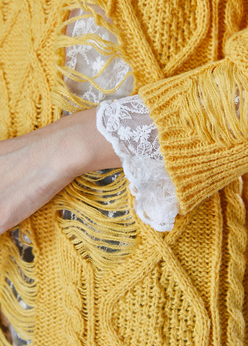 Modern Yellow Thick Knit Ripped Sweater and Lace Dress Two Pieces Set Winter