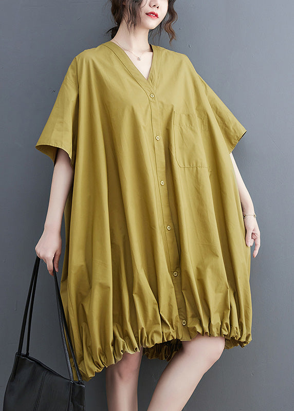 Modern Yellow V Neck Wrinkled Button Maxi Dresses Short Sleeve
