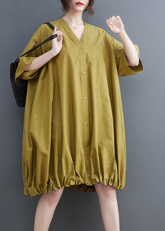 Modern Yellow V Neck Wrinkled Button Maxi Dresses Short Sleeve