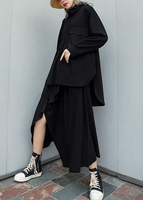 Modern Black Cotton Linen Asymmetric Ruffles Fall Skirt
