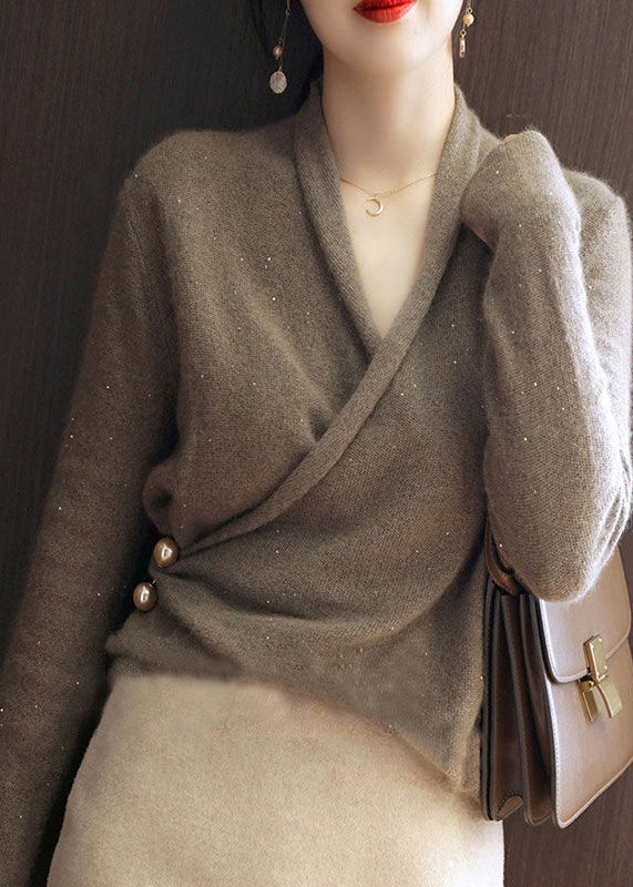 Modern Chocolate V Neck Thick Cashmere Knitted Sweater Tops Long Sleeve