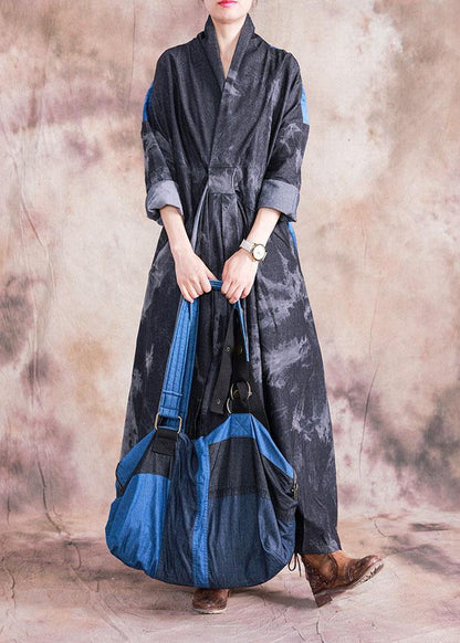 Modern Denim Black Cotton Dress V Neck Patchwork Loose Fall Dress