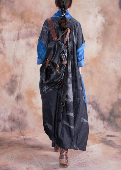 Modern Denim Black Cotton Dress V Neck Patchwork Loose Fall Dress