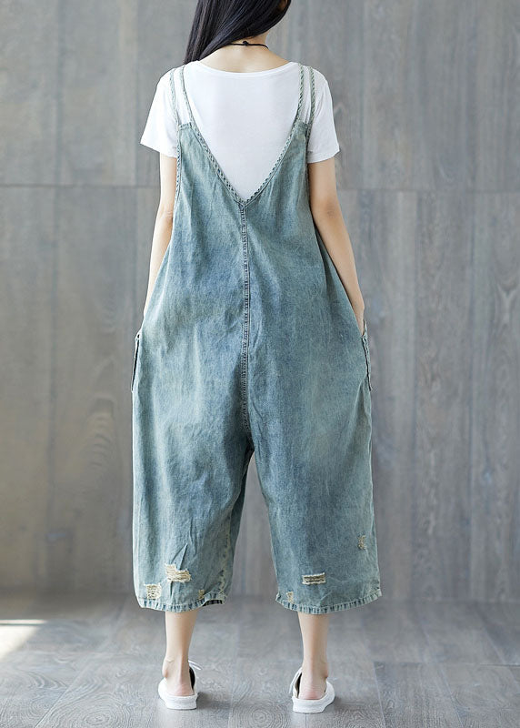 Modern Light Blue Pockets Ripped Jeans Loose Jumpsuit Spring