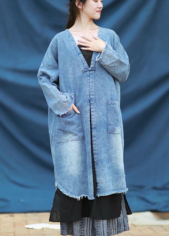 Modern V Neck Quilting Dresses Denim Blue Embroidery Dress